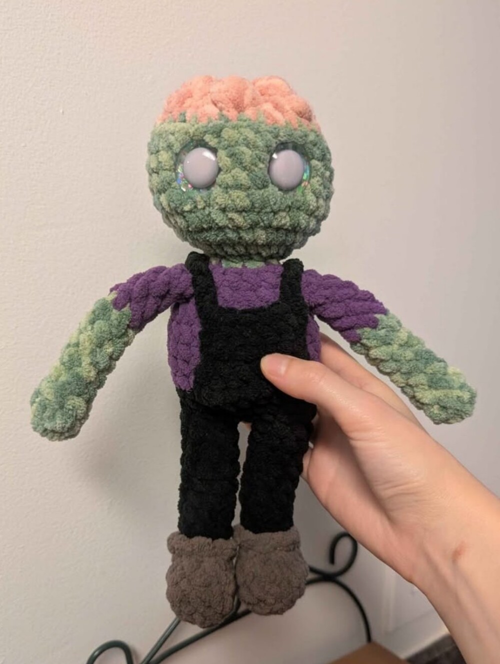 Handmade Plush Zombie Doll Halloween. Green, Purple & Pink Crochet